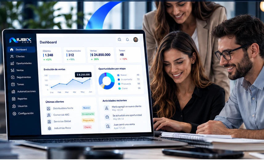 Equipo profesional trabajando con un panel de gestión comercial